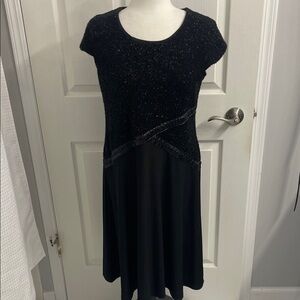 Elegant Sparkly Black A Line Dress Short Sleeves Round Neck Faux Leather Sz M